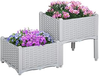 Outsunny 40cm x 40cm x 44cm Set of 2 26L Garden Raised Bed Elevated Patio Flower Plant Planter Box PP Vegetables Planting Container, Grey