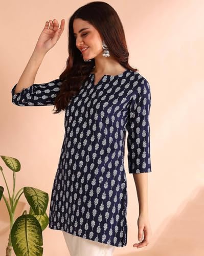 Image of Pinkmint Women's Printed Cotton Blend Short Kurti with 3 /4th Sleeve & Notch Neck l Casual & Office Wear Tunic Shirt Kurti