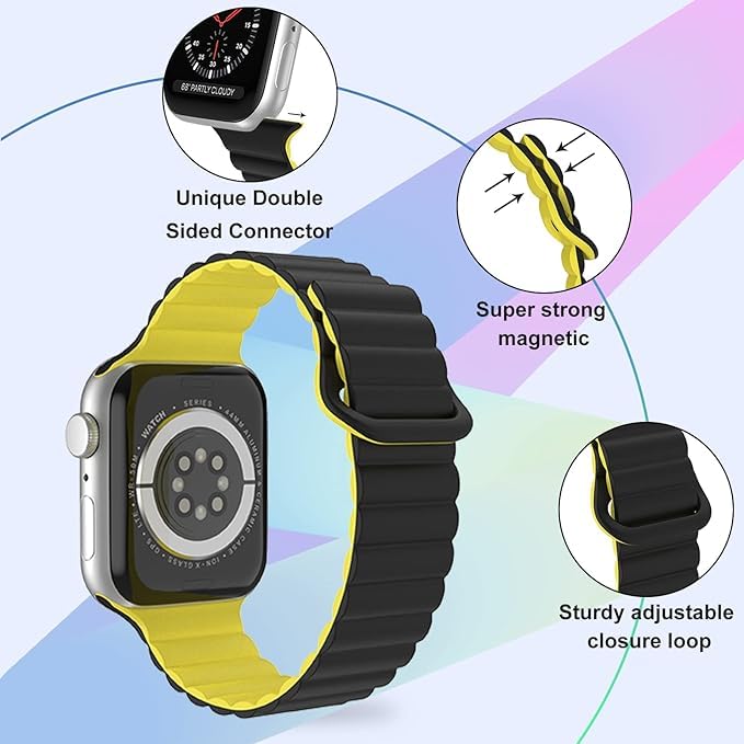 Image of Silicone Magnetic Band Compatible with Apple Watch 38mm 40mm 41mm 42mm 44mm 45mm 49mm, for Series Ultra 9 8 7 SE 6 5 4 3 2 1 Women Men |Watch Not Included (Black /yellow, 42mm /44mm /45mm /49mm)