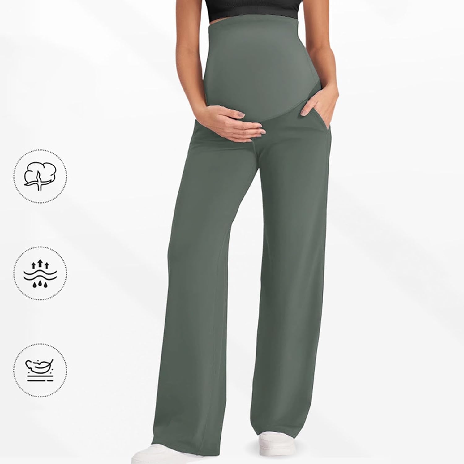 Lmdudan 2026 Maternity Dress Yoga Pants with Pockets Over The Belly Stretchy Work Slack Pregnancy Wide Leg Lounge Trousers