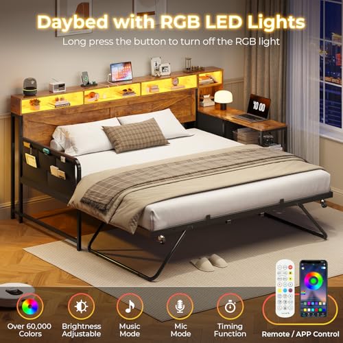 Image of MSmask Daybed with Trundle, Twin Day Bed with 3 Storage Drawers and Shelves, Farmhouse Wooden Daybed Frame with Charging Station and LED Lights for Bedroom, Rustic Brown