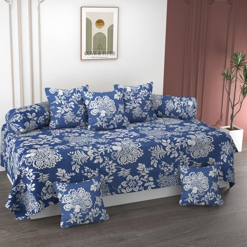 Image of COVE & HUES Cotton Diwan Set Covers |8 Pieces Diwan Cover Set|300 TC Fabric| Pure Cotton Printed Deewan Set (1 Single Bedsheet, 2 Bolster Covers, 5 Cushion Covers)|Blue Paisley|KC 19