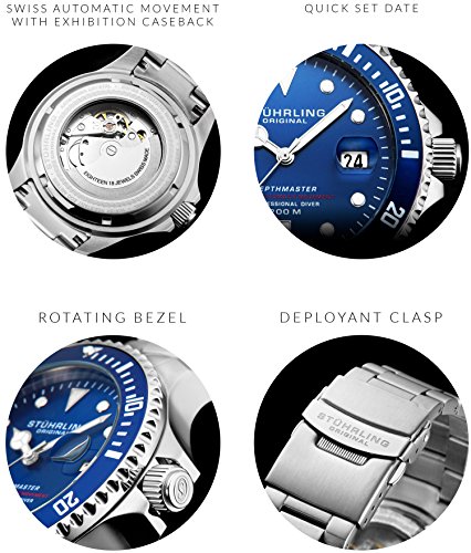 Mens Automatic Stainless Steel Professional Depthmaster Dive Watch, 200 Meters Water Resistant, Brushed And Beveled Bracelet With Divers Safety Clasp And Screw Down Crown (Blue) #TOP1