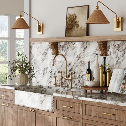 Image of Nathan James Celeste Rattan Wall Light, Modern Farmhouse Wall Mounted Plug in Light, Wall Mount Reading Lamp for Bedside with Rattan Shade