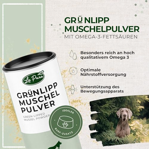 LAPURA Grünlippmuschelpulver Hund & Katze - 100% natürlich, für Gelenke & Mobilität, in Vollfettqualität, mit Omega 3, Grünlippmuschel Katze & Grünlippmuschel Hund Pulver, 250g
