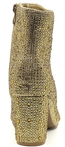 Women Rhinestone Block Chunky Heel Ankle Bootie Iceberg 12 By Forever shoes Gold Size 8.53
