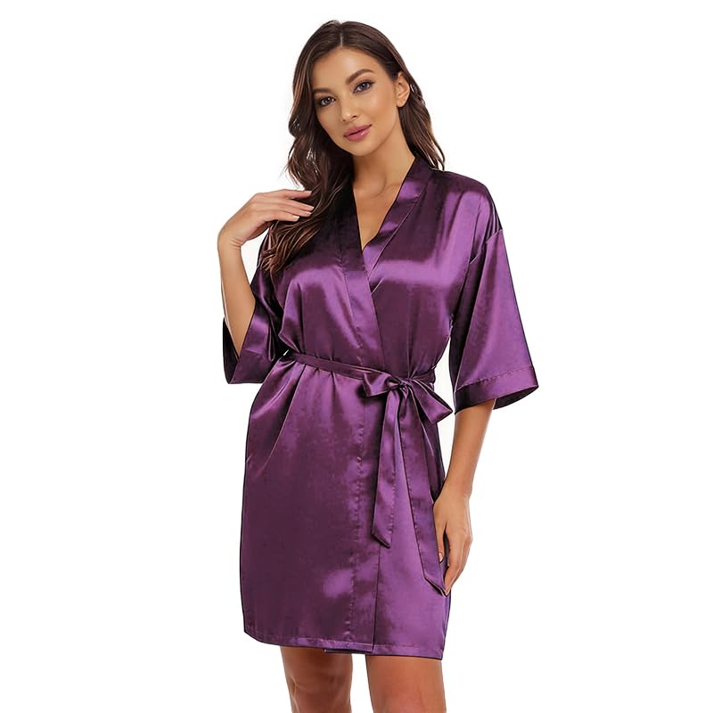 Image of Women's Bride Bridesmaid Robes Short Satin One Size Silver Rhinestones Wedding Party Getting Ready Sleepwear