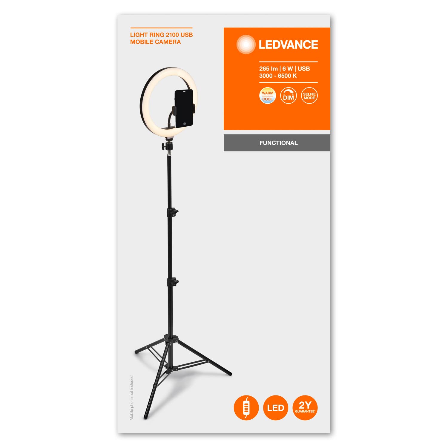 LEDVANCE Luce ad anello a LED con supporto 2100mm con connessione USB, 120 LED dimmerabili, 3000-5800k, 10W, 190mm, Luce ad anello per cellulare, make-up, fotografia con telecomando Bluetooth