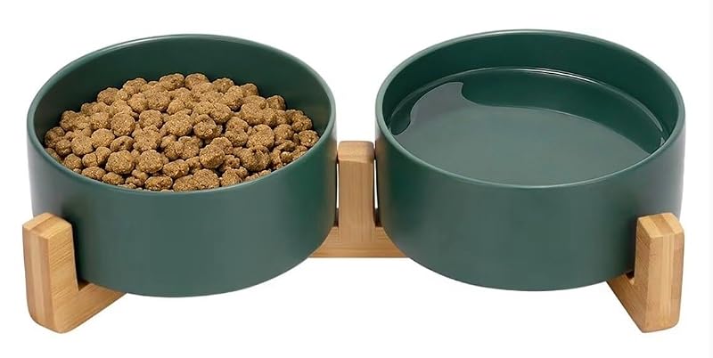Comedouro elevado para gatos e cães pequenos com tigelas de cerâmica e suporte de bambu Pawsome Verde - Conjunto com 2