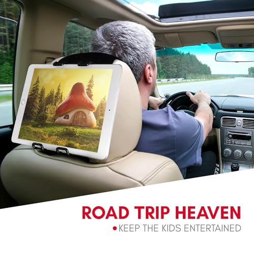 Macally Car Headrest Mount for Kids - Tablet Holder for Car Back Seat - iPad Holder for Car Backseat Rear Facing with Anti Slip Strap and Adjustable Case