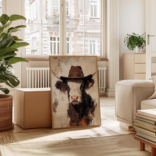 Image of aj decor Highland Cow Cowboy Hat Wall Art Print Poster, Dog Pet Lover Picture Painting Artwork Bedroom Living Room Office Dining Room 151D (Highland Cow Cowboy Hat, 11 inch W x 14 inch L, Wood Frame)