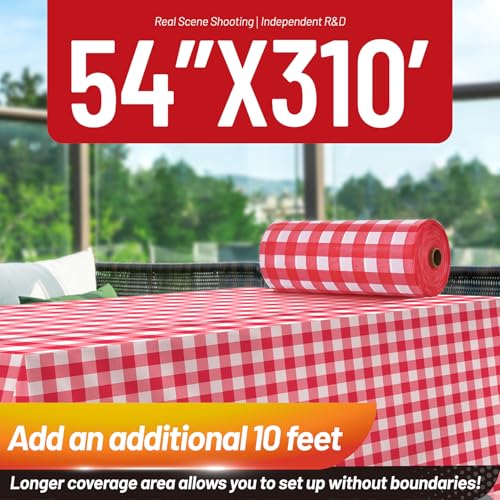 Image of Plastic Table Cloth, 310 Ft X 54 In Disposable Tablecloth Red and White Checkered Tablecloth with Any Cut Sliding Cutters Premium PEVA Plastic Table Cloth Disposable for Picnic, Parties, Festivals