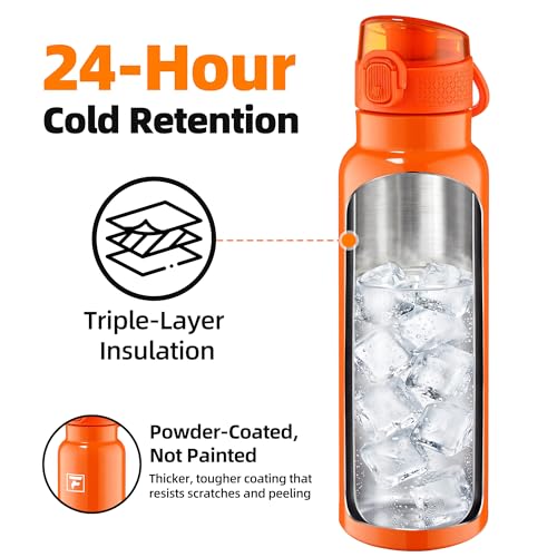 Image of Fanhaw 24 oz Insulated Water Bottle with Soft Silicone Spout Lid, Leakproof Stainless Steel Vacuum Bottle for School, Sports& Daily Use, Kids, Teens& Adults, Back to School Essentials (Vibrant Orange)