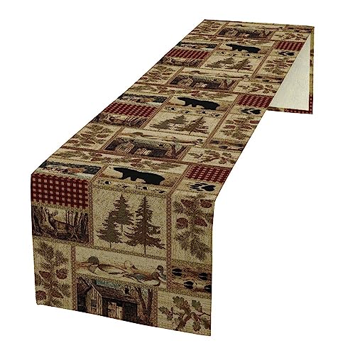 Image of Rustic Country Bear Table Runner,Patchwork Cabin Wild Animals Hunting Table Cloth for Home Kitchen Dining Table Decoration Party 13x60 in