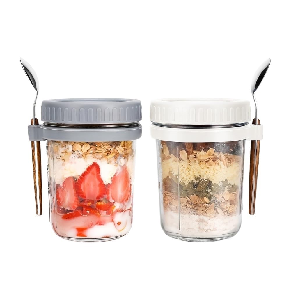 Hgniang 1pc/2pcs Glass Oatmeal Cup, Overnight Oats Container With Lid And Spoon, 16oz Cereal, Milk & Fruit Salad Storage Jar