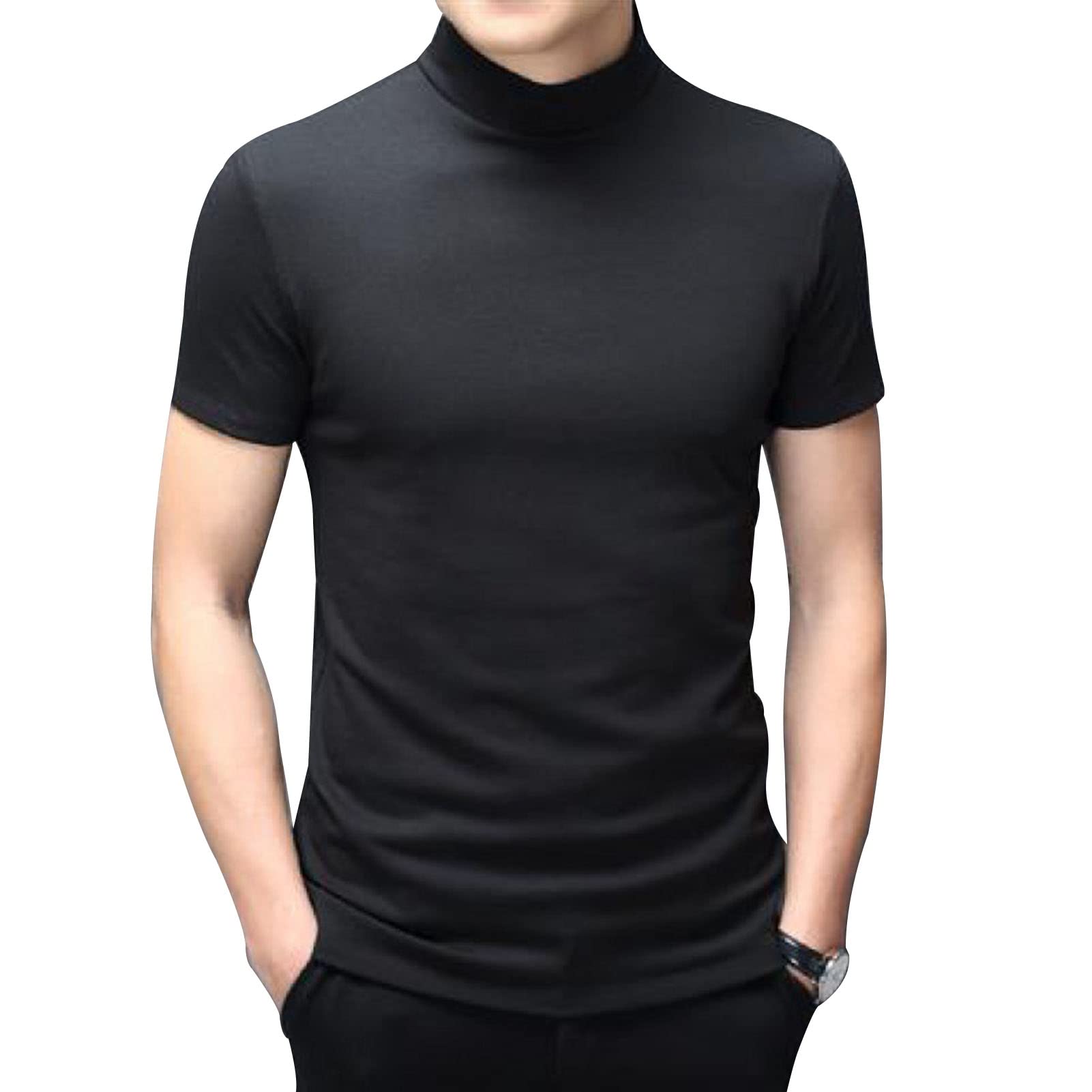 Mens Short Sleeve Basic Tops Mock Turtleneck Casual Pullover T-Shirt Slim Fit Solid Undershirt