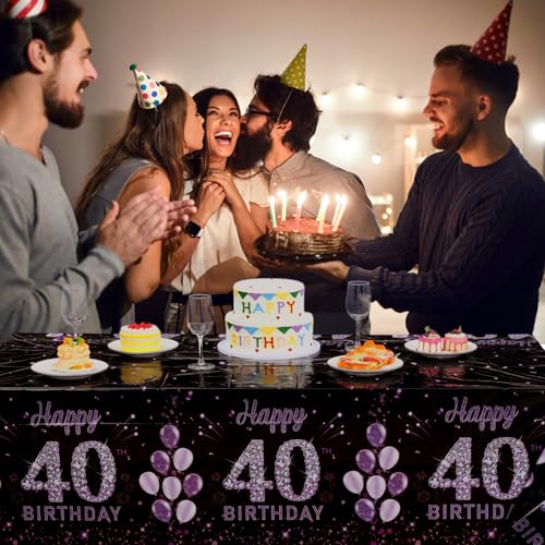 Image of Ganeen 3 Pack 40th Birthday Tablecloth Purple Black Happy 40th Birthday Decorations Disposable Plastic Rectangular Table Cover for Party Supplies Women Men, 108 x 54 Inch