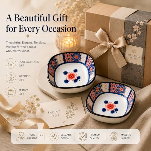 Image of Japanese Ceramic Dip Bowl Set of 4 | 200ml Small Square Sauce Bowls for Soy Sauce, Chutney, Snacks & Dry Fruits | Glazed Sushi Dip Dishes, Dishwasher & Microwave Safe (Hana Bloom)