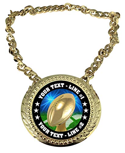 Express Medals Custom Football Champ Chain Trophy with 2 Lines of Personalized Text on a Large Rigid Plastic Award Medal and 34 Inch Long Gold Color Neck Chain. D20