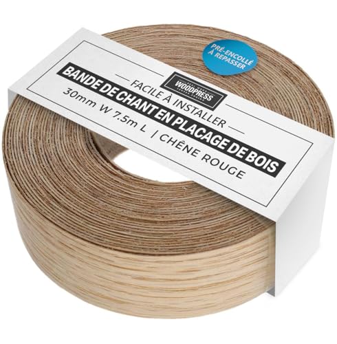 WoodPress® 30 mm Bois de Chêne Véritable Bande de Chant en Placage Préencollé – Rouleau de 7,5 m – Application à Repasser facile à faire soi-même, couvre le bord d'un panneau MDF standard