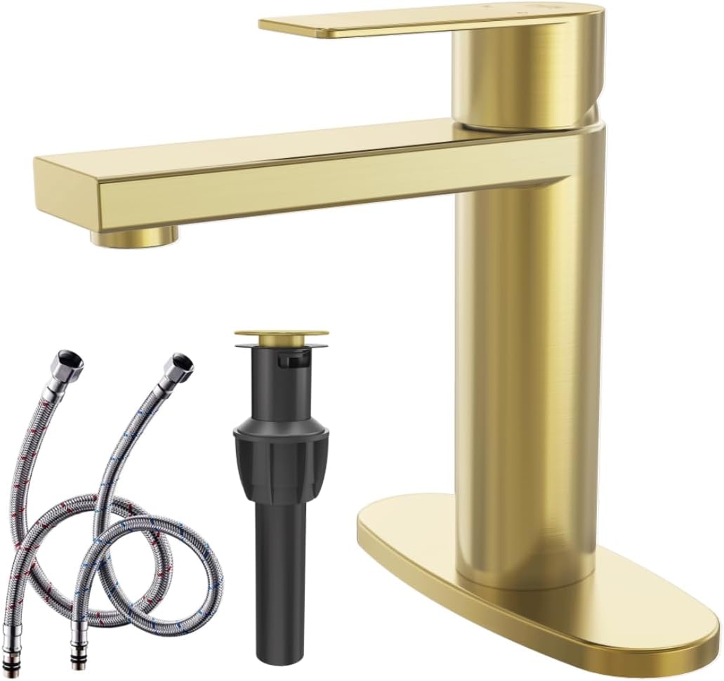 KENES Brushed Gold Bathroom Faucet, Modern Single Hole Lavatory Vanity ...
