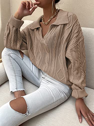 Image of Verdusa Women's Collar V Neck Drop Shoulder Long Sleeve Sweater Knit Tops Pullovers