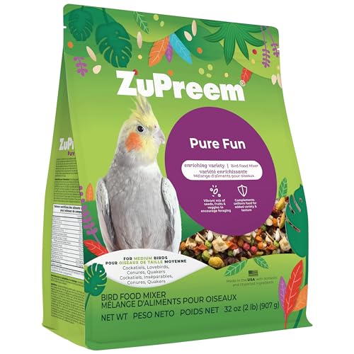 ZuPreem Pure Fun Bird Food Cockatiel Lovebird Quaker Small Conure Lorikeet Bird Seed and Pellets Blend for Medium Birds ZuPreemEnriching Variety Made in USA Cockatiel Food (Medium 2 lb bag)