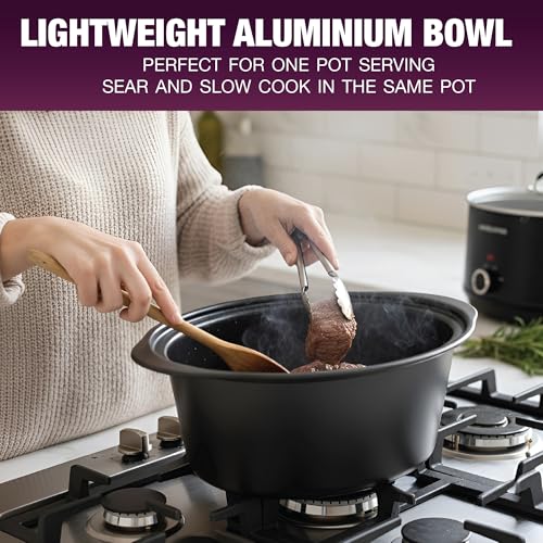 Image of Andrew James 3.5L Slow Cooker - Sear-to-Simmer - Large Hob-Proof Aluminium Pot, Shatter-Resistant & Easy-Clean Design 3 Heat Settings & Glass Lid, Ideal for Family Meals (Midnight Blue)