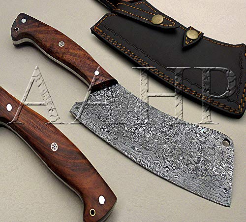 Crazy Deals AAHP - 121, 12 Inches Handmade Damascus Chopper Knife with Approx 7 inch Blade Made of 100% Real Damascus Steel, Approx 5 inch up of Natural Wood Handle with Steel & Mosaic Pin & Brass Pipe