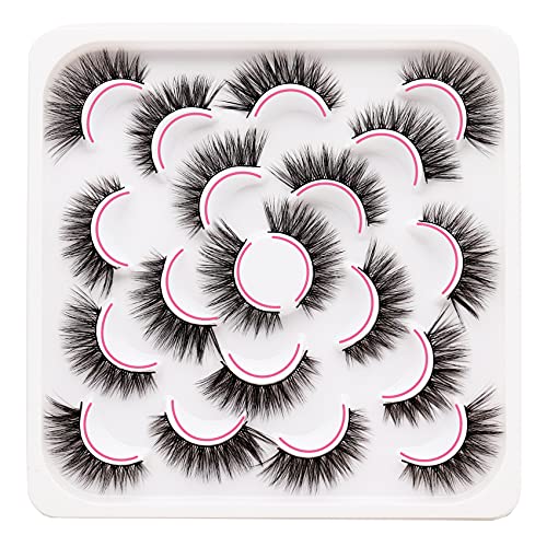 Faux Mink False Eyelashes 10 Pairs 3D Fake Eyelashes Pack Fluffy Natural Wispy Faux Mink Lashes Handmade Thick Eyelashes Makeup Reusable Black