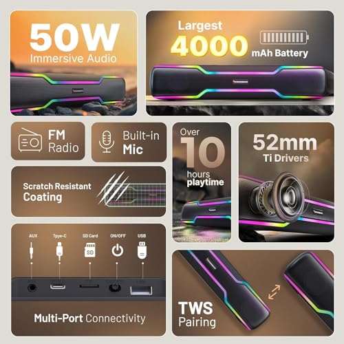 Image of CrossBeats Blaze B50 (2024) Bluetooth 50W Soundbar Gaming RGB Light, AUX, BT, SD Card, USB &FM, 8 Hrs Playtime Fast Charge Sound bar smart tv with Built-in mic, Speaker for Mobile, PC, Laptop - Black