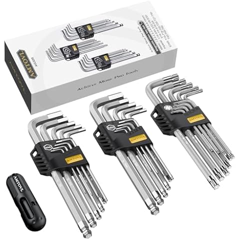 AMTOVL Hex Key Set - Magnetic Allen Wrench Set, S2 Steel SAE Metric Allen Key Set Extra Long with Ball End T-Handle SAE 1/16"-3/8" Metric 1.5-10mm TORX T10-T50 Cover