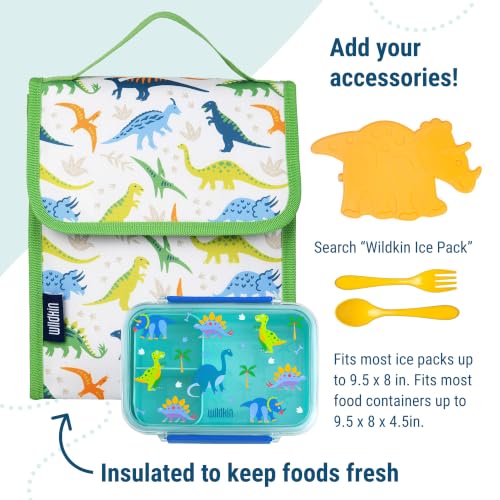 Image of Wildkin Insulated Lunch Bag for Kids, Dinosaur Adventures | 10 x 8.5 x 5 in insulated fold-flat lunch bag with touch closure, sturdy carry handle and wipe-clean lining.
