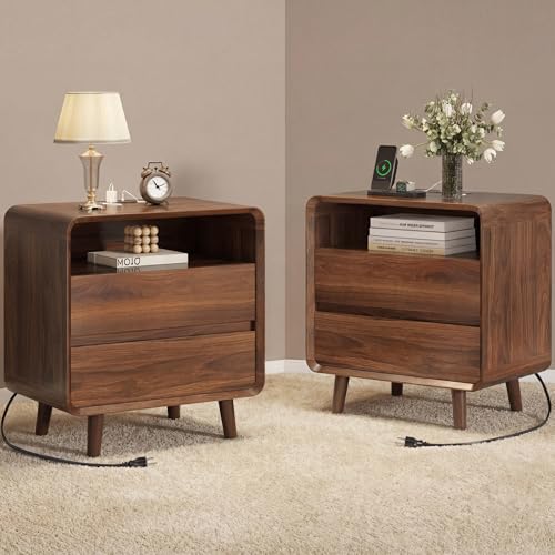 Image of Nasonet Night Stand Set 2 with Charging Station, 23.7'' Wide Mid Century Modern Nightstand with 2 Drawers, Wood Bedside Table with USB Ports for Bedroom, Curved Beveled Design, Walnut