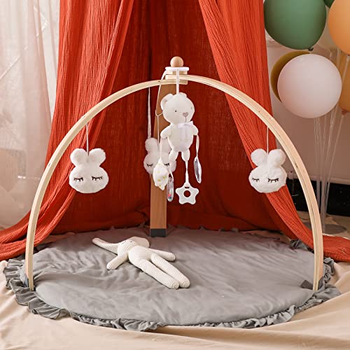 Image of Wooden Baby Play Gym with Playmat & 4 PCS Bunny Toys, Foldable Baby Activity Gym Frame Activity Gym Hanging Bar Gray Cottion Baby Play Mat Newborn Gift for Baby Girl and Boy
