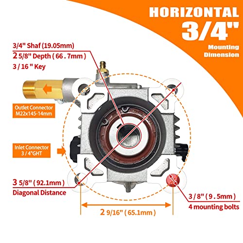 Image of Pressure Washer Pump 2800 Psi 2.5GPM Gasoline Power Washer Pump - Horizontal Pump with 3 /4 inch Shaft M22 Connectors Include Keyway