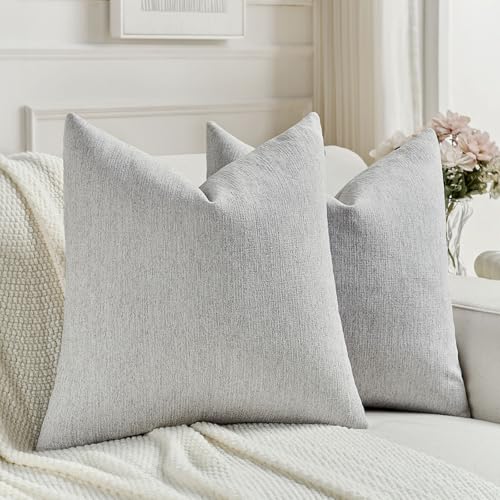 FUTEI Light Grey Chenille Decorative Throw Pillow Covers 22x22 Inch Set of 2,Soft Cozy Faux Linen Textured Cushion Case,Farmhouse Home Decor for Couch Living Room