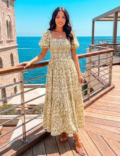 Image of ZESICA Women's 2026 Summer Boho Floral Print Dress Square Neck Ruffle Swing Beach Vacation Long Maxi Dresses