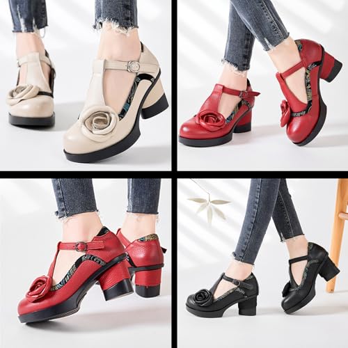 Women's Genuine Leather Mary Jane Chunky Heel Shoes Classic Round Toe Flowers T Strap Mid Block Heel Dress Pumps Grace Party Wedding Bridal Shoes2