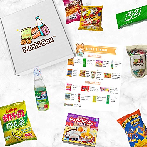 Mashi Box Deluxe Asian Dagashi Snack Box - 55 Pieces - 6 FULL SIZED ITEMS, Comes with Ramune Drink, Asian Noodles, Asian Chips, Asian Candy