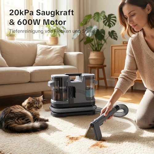 Lubluelu Nasssauger Polsterreiniger Gerät mit 600 W – 20 kPa Teppichreiniger Waschsauger, tragbarer Teppich Reinigungsgerät mit Selbstreinigungsfunktion und langem Schlauch für Teppiche, Sofas & Autos