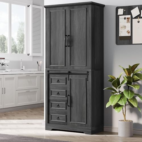 DWVO Kitchen Pantry Storage Cabinet with Barn Doors, Tall Storage Cabinet with 4 Drawers and Adjustable Shelf, Versatile Storage for Living Room, Dining Room or Hallway, Gray Oak