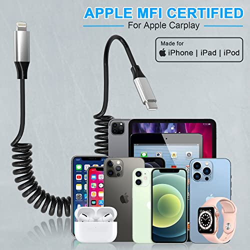 Cable USB C Lightning espiral, Cable para Apple Carplay [certificado Apple MFi], cable Lightning USB C para automóvil con sincronización de datos, cable USB C retráctil a Lightning para iPhone/Pad/Pod