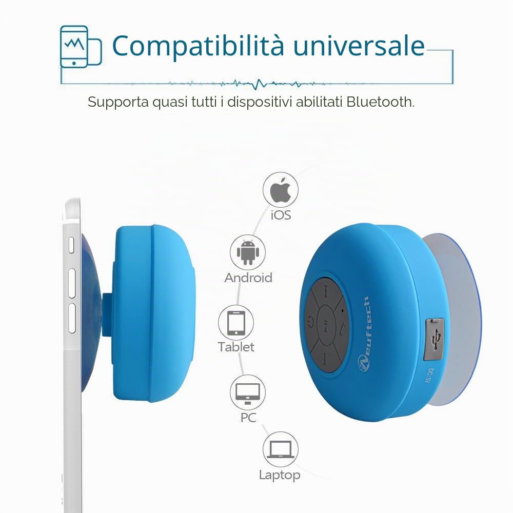 bluetooth Cassa Altoparlante Impermeabile da Doccia - Wireless Speaker Waterproof Con Microfono Integrato Per Smartphone iphone,Samsung, HTC, Mp3 Player ecc - Azzurro