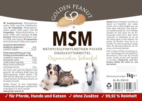 GOLDEN PEANUT MSM Methylsulfonylmethan Pulver 1 kg für Tiere, Reinheitsgrad 99,92%, organische Schwefelverbindung, ohne Rieselhilfen