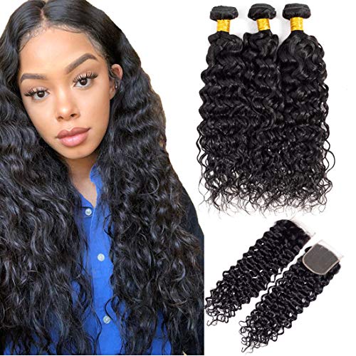 Brazilian Virgin Water Wave Hair Bundles and Closure 12 14 16 with 10 Inch Free Part 100% Human Hair Bundles with Closure Water Wave 3 Bundle with Closure 4x4 Size
