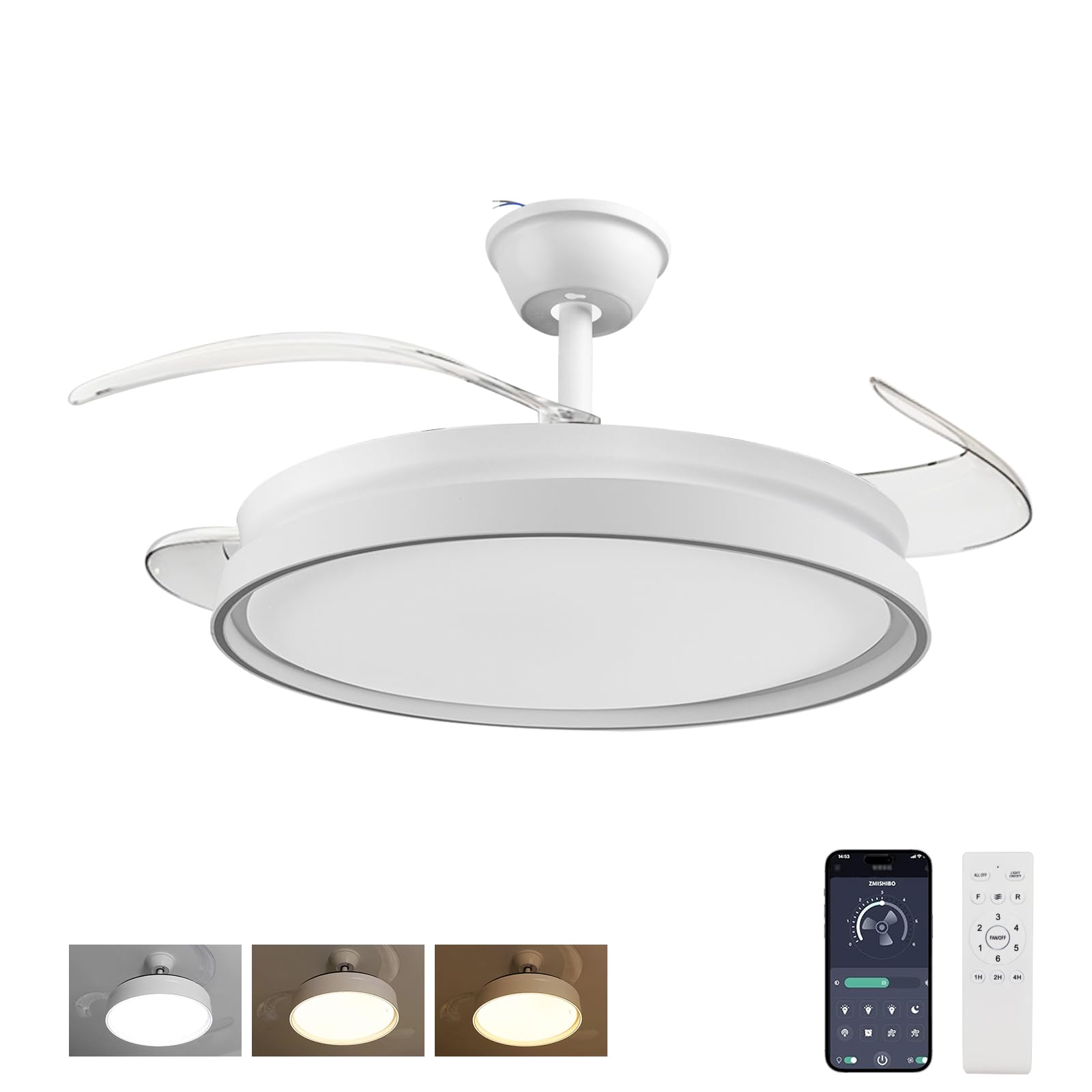EXTRASTAR Ventilatore a soffitto con LED 42 cm, Bluetooth e telecomando, 6 velocità, pale pieghevoli, 3 temperature di colore, motore invernale/estate reversibile, minuteria, per salone e camera
