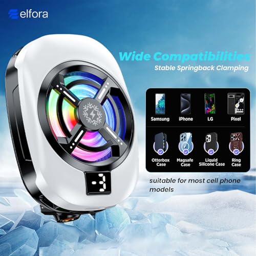 Image of Elfora Gaming Mobile Cooler | Phone Cooling Fan With RGB Lights And Digital Display | Ultra Fast Instant Cooling Fan Compatible With Android & Iphones (White), 6 x 34 Centimeters