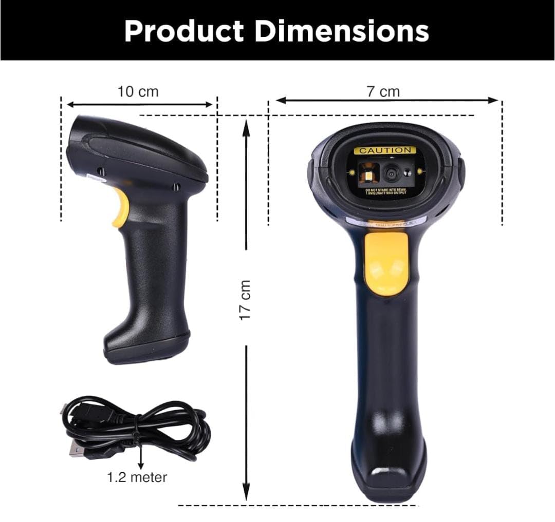D-5015 2D Bluetooth Barcode Scanner, Wireless QR Code Reader, Black with Yellow Trigger, 17cm Length, USB Charging, 1.2m Cable Included, Compatible with Desktop Computers 1