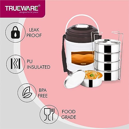 Image of Trueware Marina 5 Lunch Box with 5 Steel Container, 300 ml X 5 Brown | PU Insulated | Tiffin | Hot Lunch Box | Leak Proof | Easy to Carry | Food Grade | BPA Free | Office | Outdoors | for Men Women